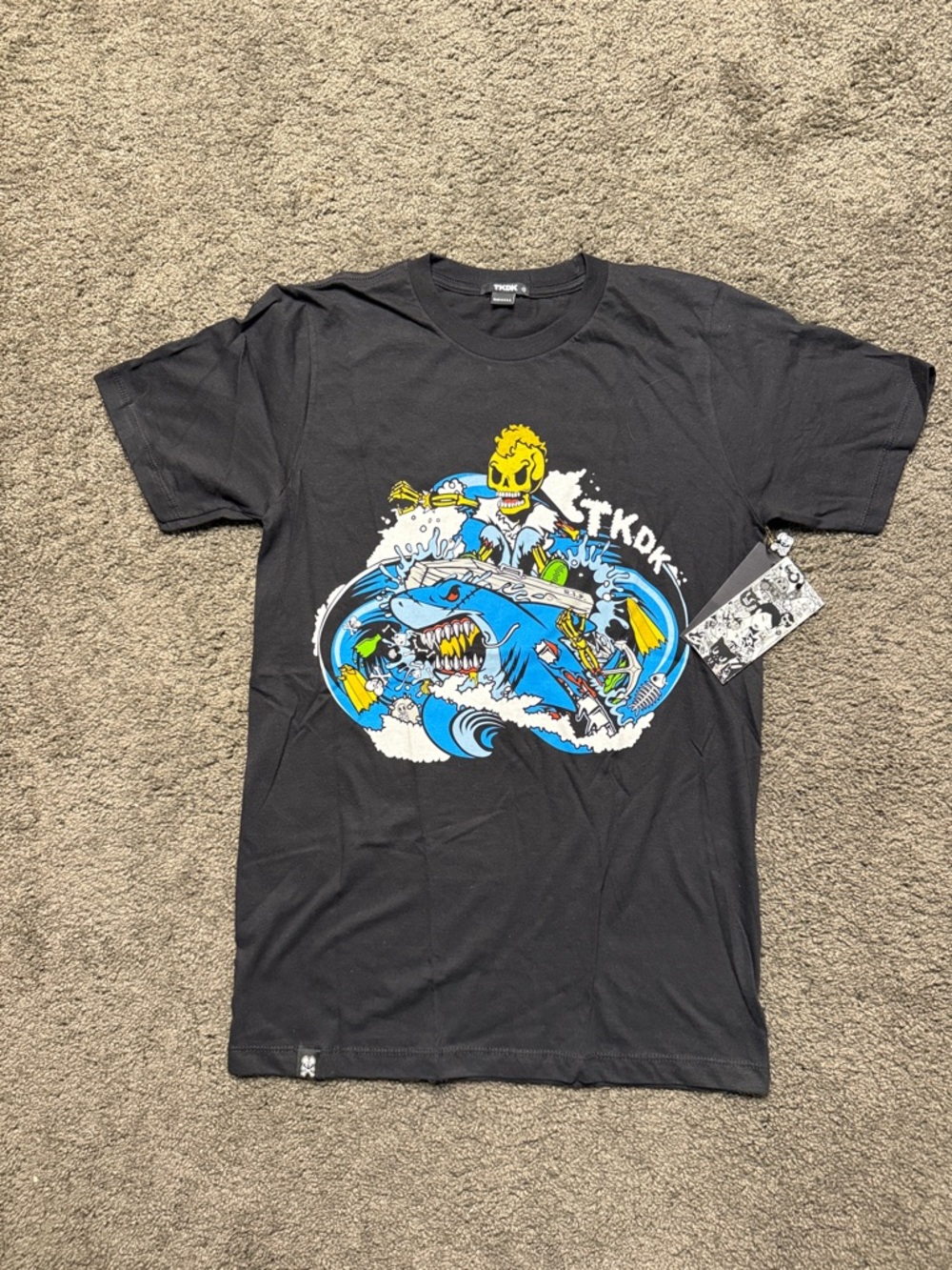 tokidoki Black Short Sleeve Tee with Blue Shark & Yellow Skull Graphic